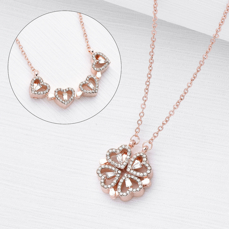 Retro Magnetic Folding Heart Shaped Four Leaf Clover Necklace Pendant - Bodycouturee