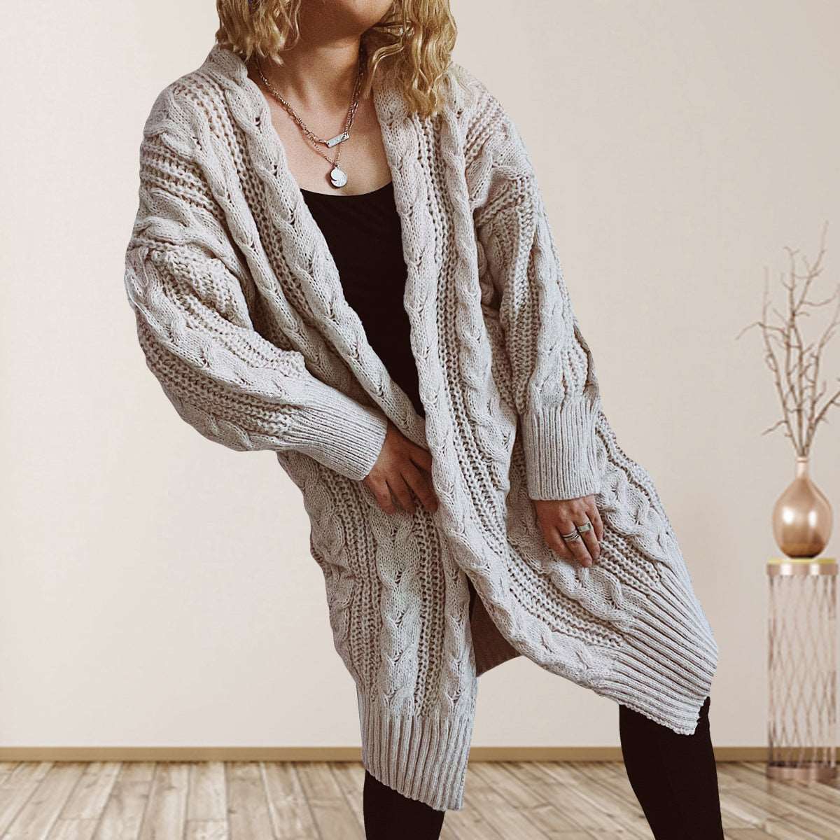 Cable-Knit Open Front Dropped Shoulder Cardigan - Bodycouturee