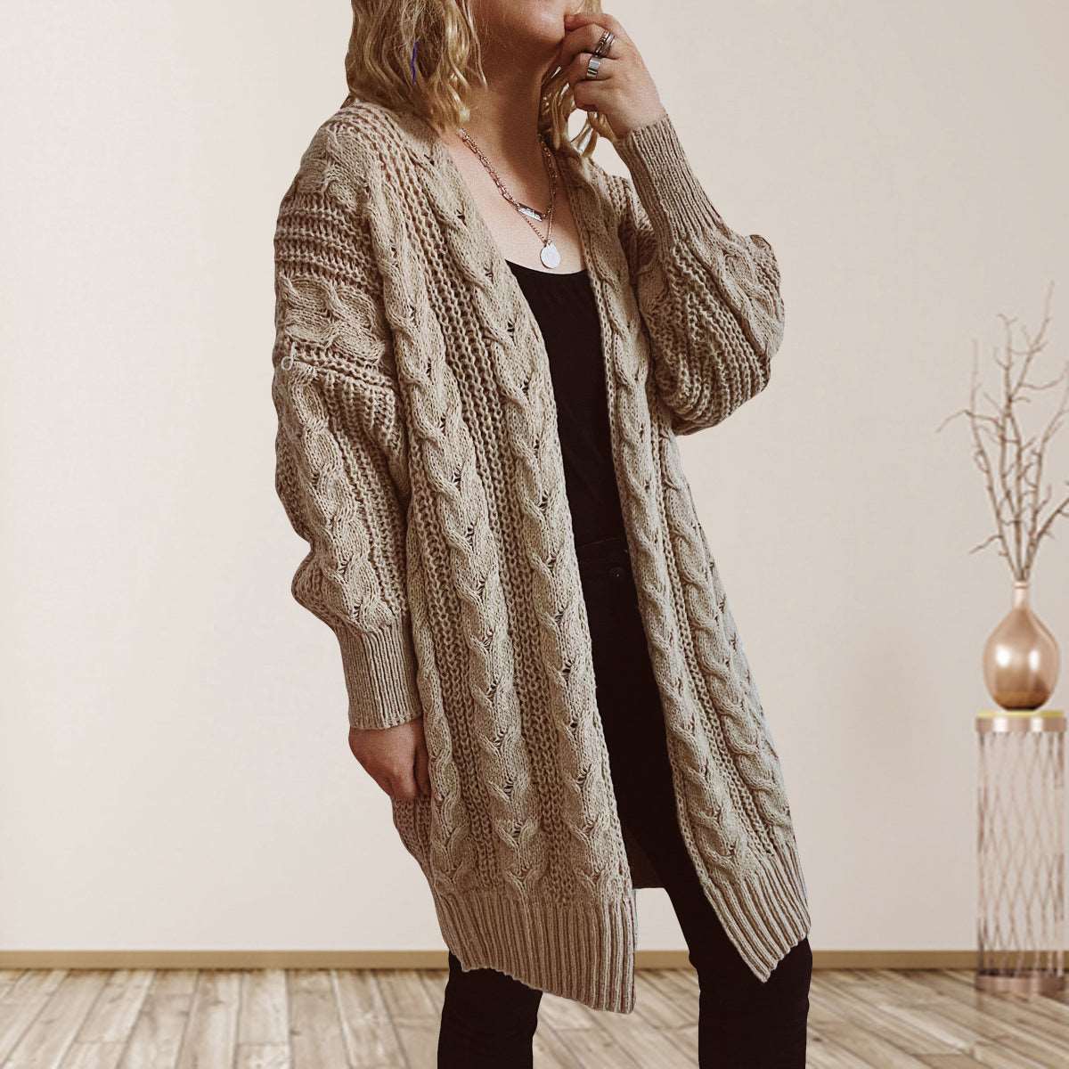 Cable-Knit Open Front Dropped Shoulder Cardigan - Bodycouturee