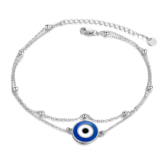 925 Sterling Silver Round Evil Eye Anklet - Bodycouturee