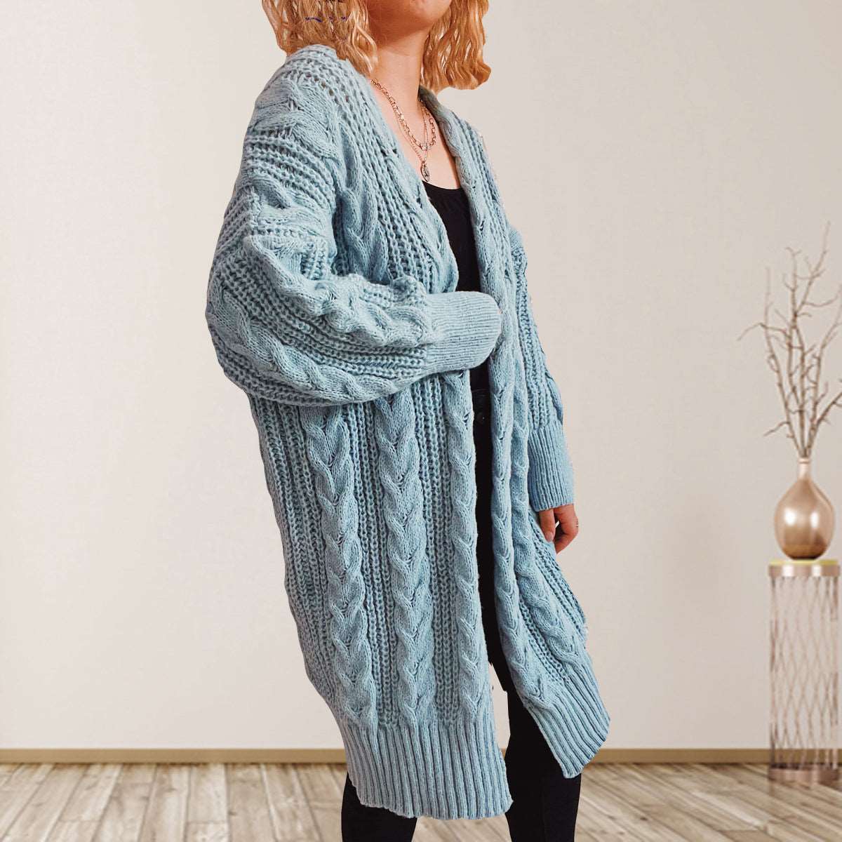 Cable-Knit Open Front Dropped Shoulder Cardigan - Bodycouturee