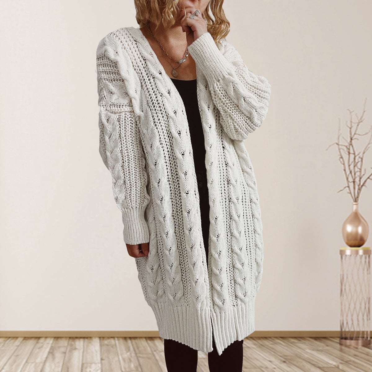 Cable-Knit Open Front Dropped Shoulder Cardigan - Bodycouturee