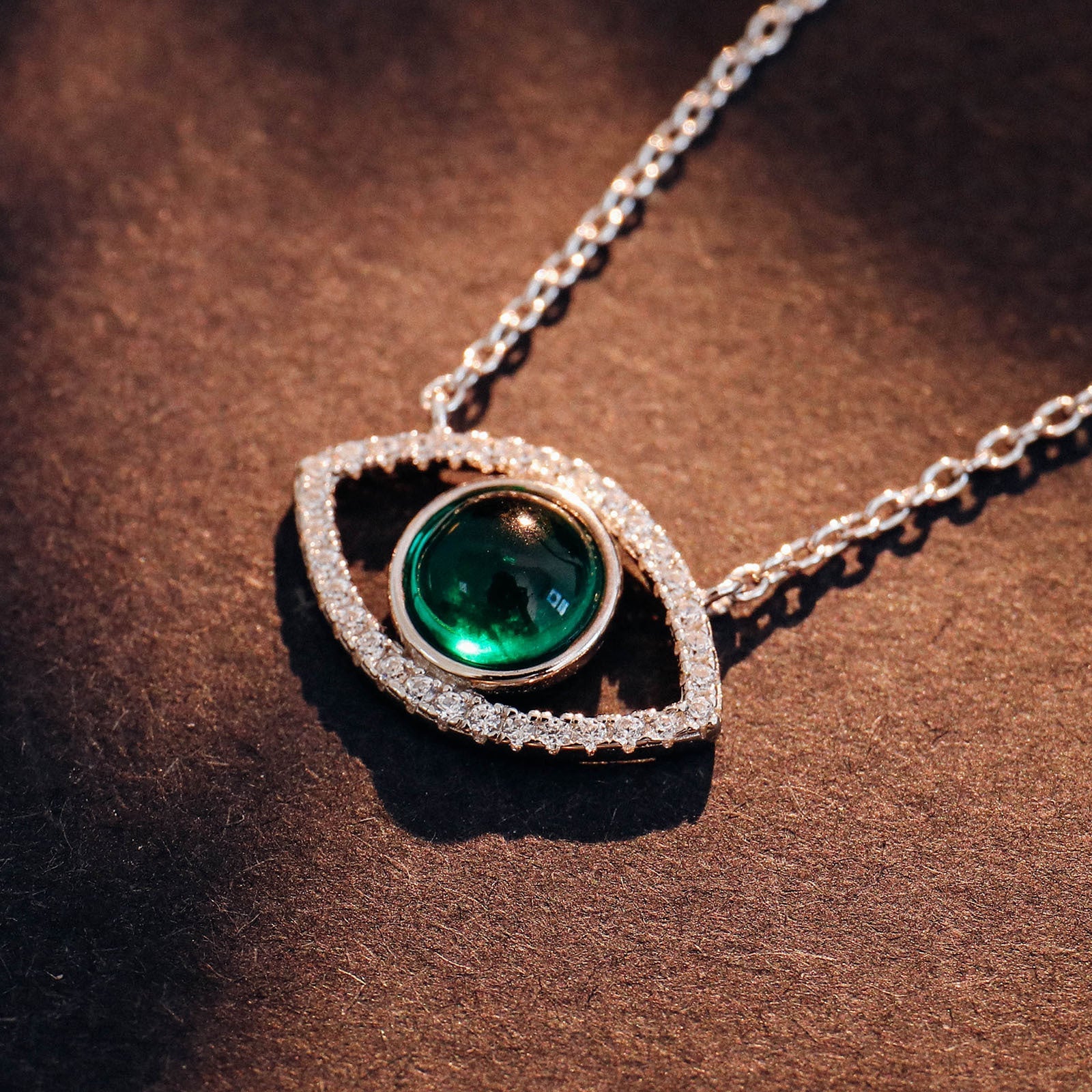 Sterling Silver Emerald Eye Diamond Pendant Necklace - Bodycouturee