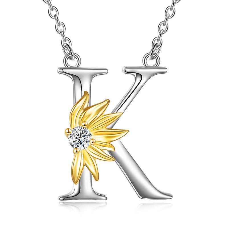 Sterling Silver Initial Alphabet Sunflower Letter Script Name Pendant Necklace - Bodycouturee