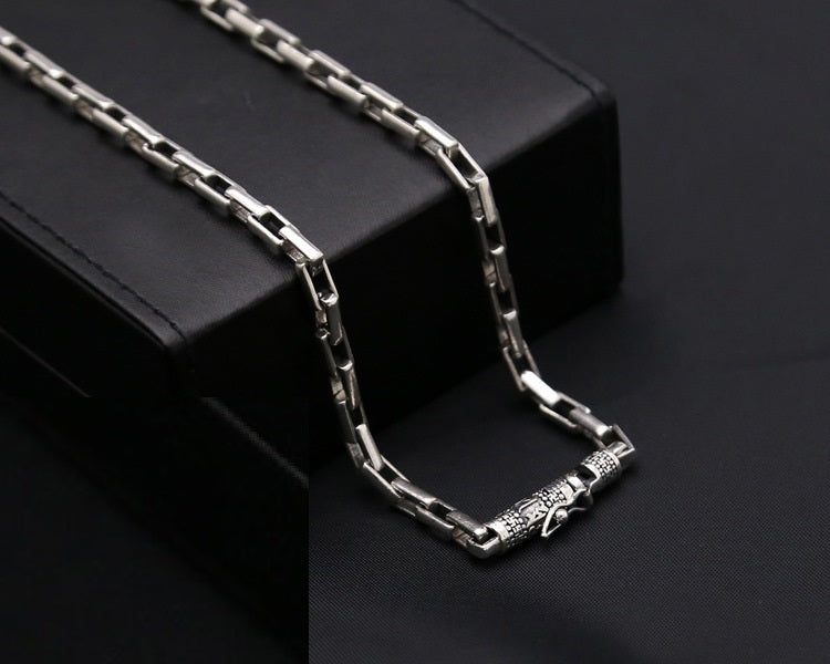 S925 Pure Thai Silver Hoop Retaining Ring Vintage Men's Box Chain Coarse Ore Necklace - Bodycouturee