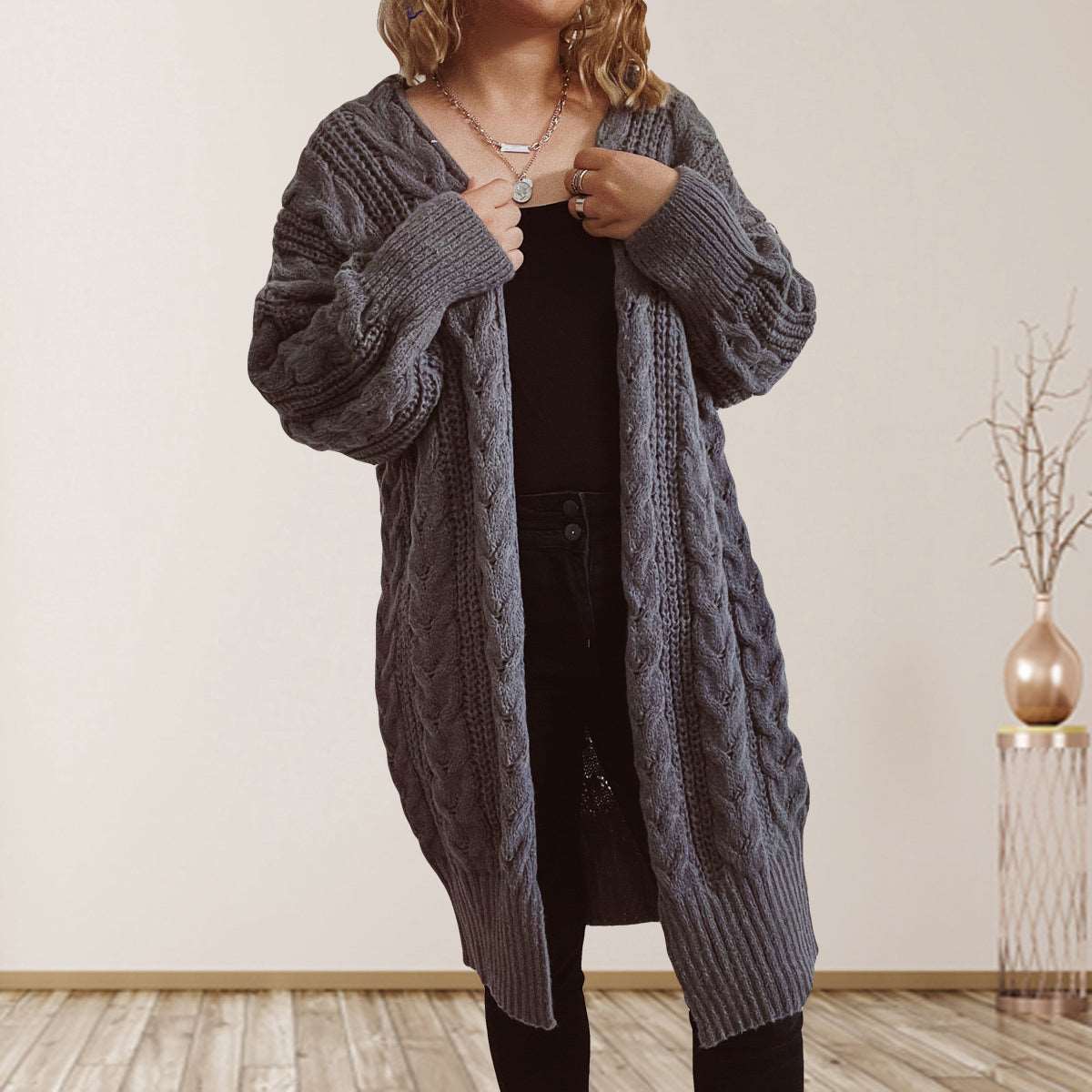 Cable-Knit Open Front Dropped Shoulder Cardigan - Bodycouturee