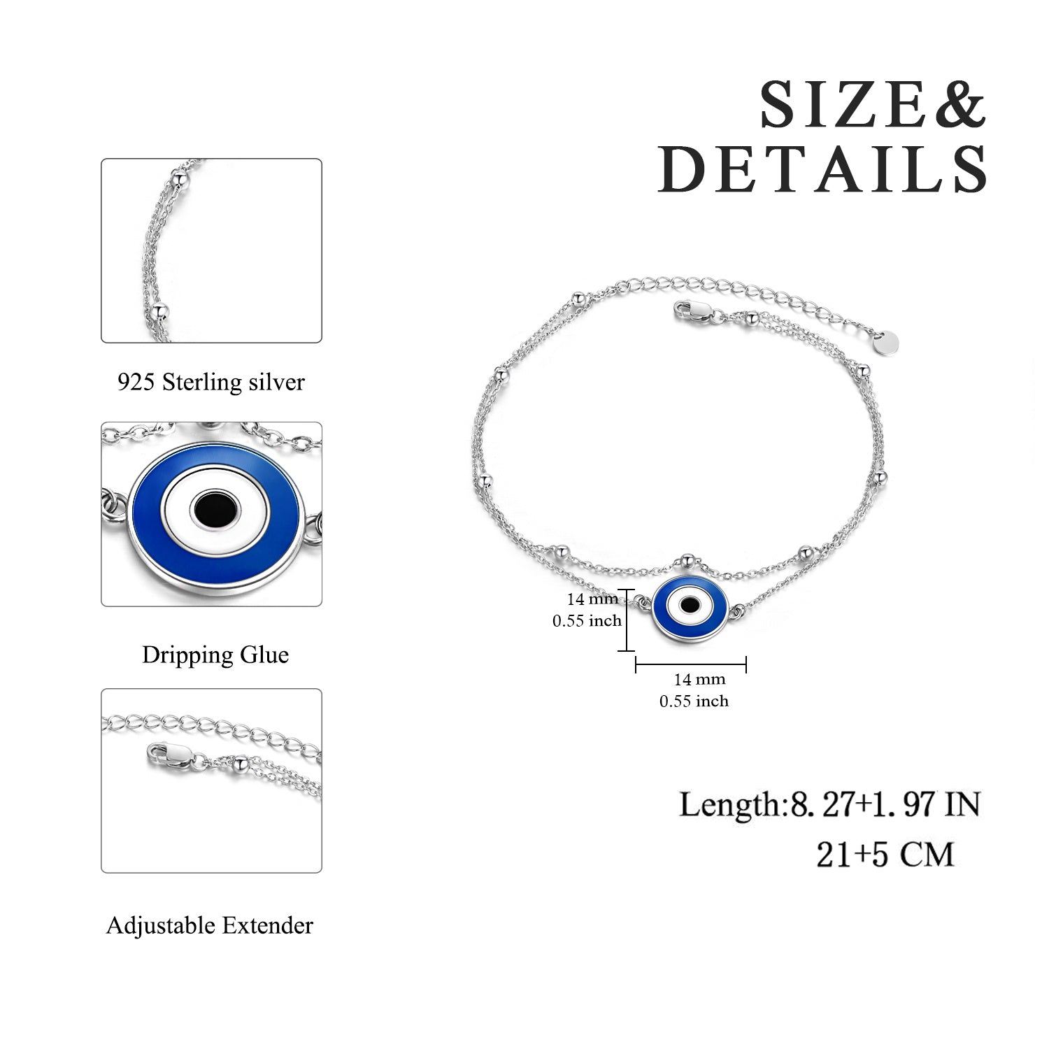 925 Sterling Silver Round Evil Eye Anklet - Bodycouturee