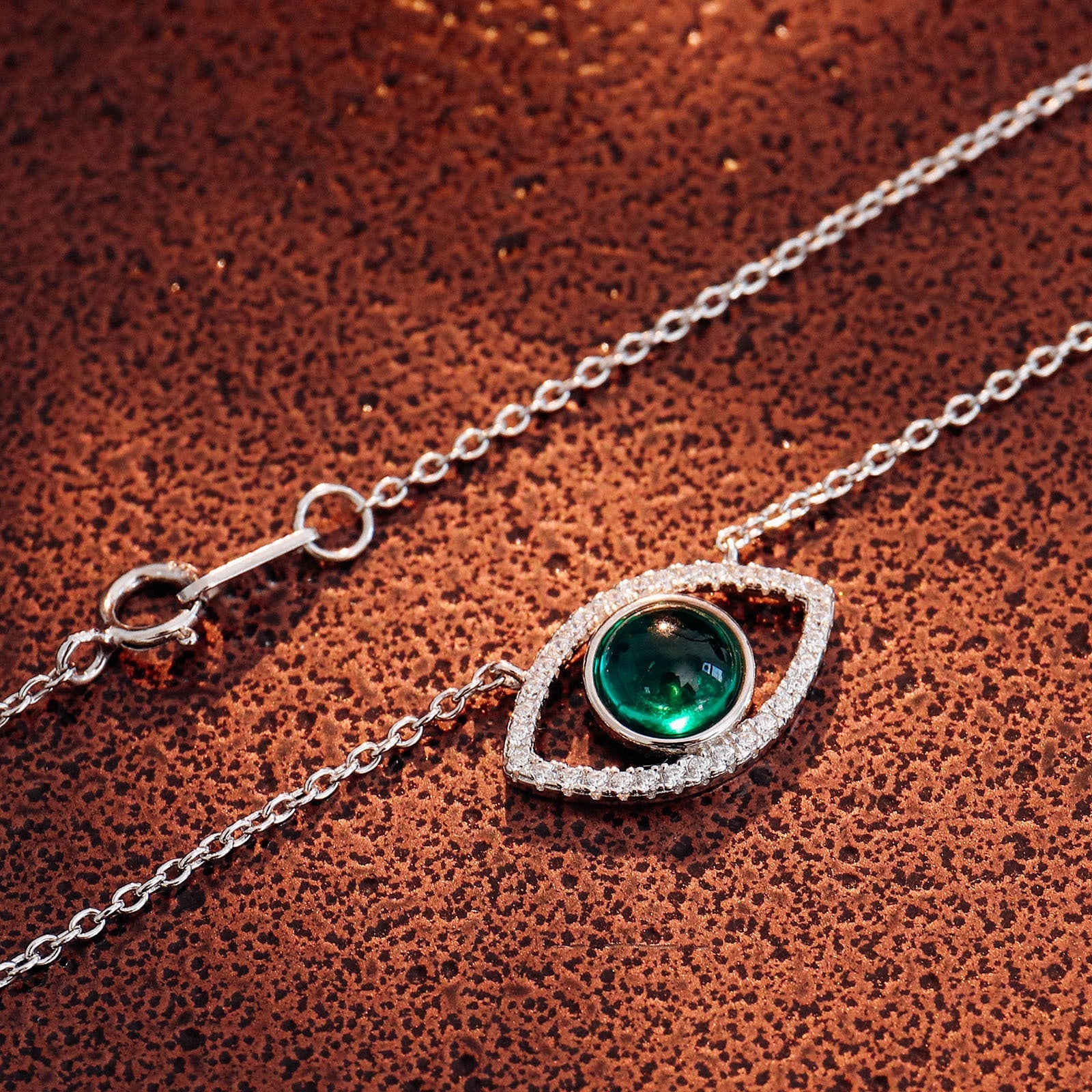 Sterling Silver Emerald Eye Diamond Pendant Necklace - Bodycouturee