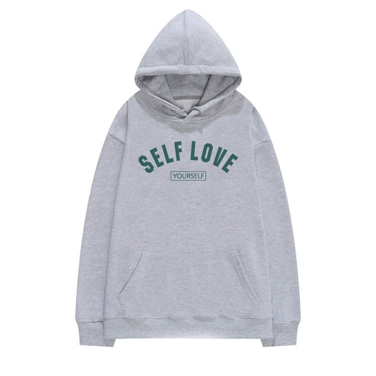 Solid Color Self Love Hooded Sweater - BodycoutureeSweaterCJ dropshippingBodycoutureeCJWY136816239MNCJWY136816239MNGreyLWomen's Simple Solid Color Hooded Sweater - Bodycouturee