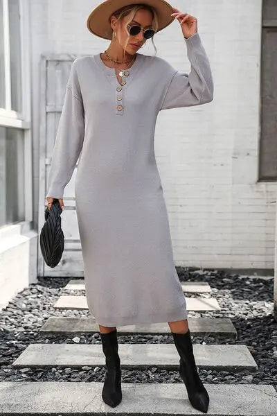 Button Notched Dropped Shoulder Sweater Dress BodyCouturee&Co