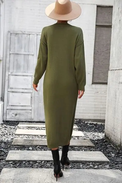 Button Notched Dropped Shoulder Sweater Dress BodyCouturee&Co