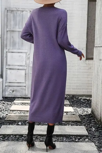 Button Notched Dropped Shoulder Sweater Dress BodyCouturee&Co