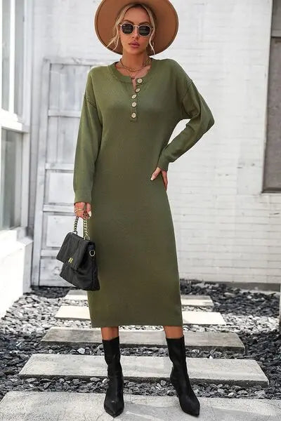 Button Notched Dropped Shoulder Sweater Dress BodyCouturee&Co