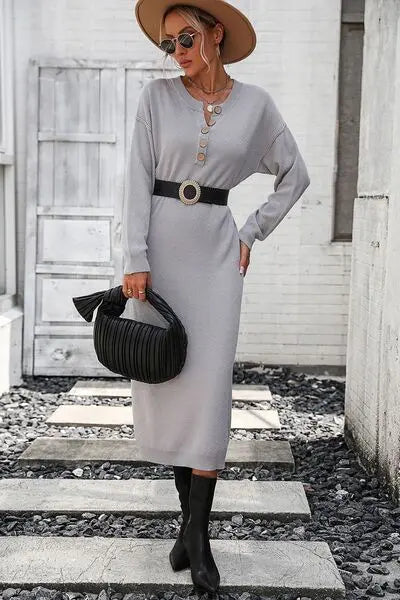 Button Notched Dropped Shoulder Sweater Dress BodyCouturee&Co