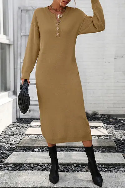 Button Notched Dropped Shoulder Sweater Dress BodyCouturee&Co