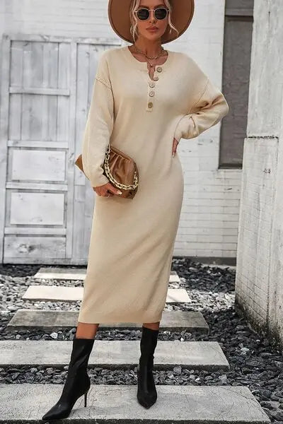 Button Notched Dropped Shoulder Sweater Dress BodyCouturee&Co