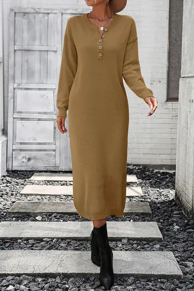 Button Notched Dropped Shoulder Sweater Dress BodyCouturee&Co